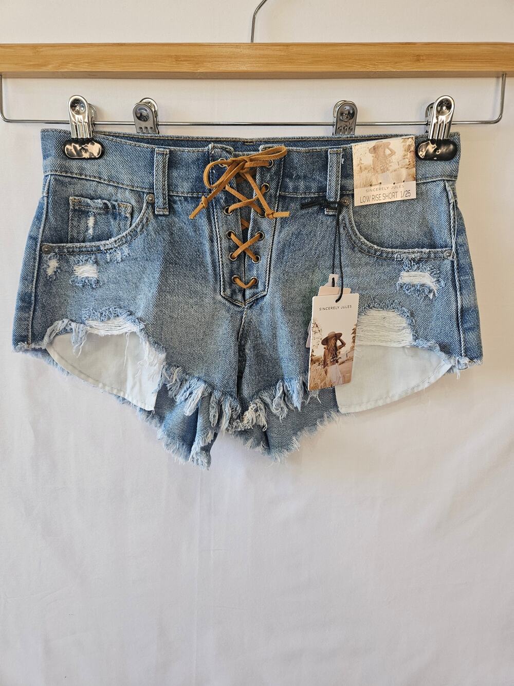Sincerely Jules Shorts Cut Off Tie Front Low Rise Blue 25